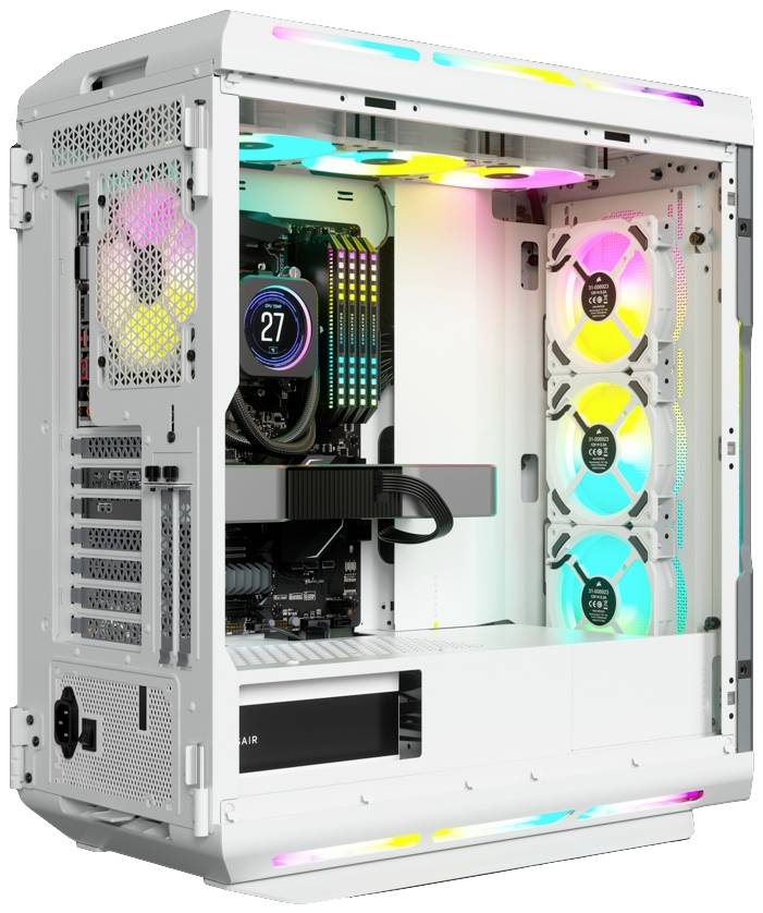 Bílá počítačová skříň s průhlednými bočními panely odhaluje barevné RGB ventilátory a procesor s vodním chlazením.
