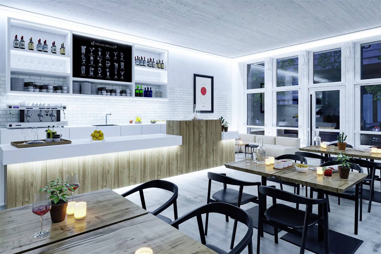 Světlý, moderní interiér kavárny se dřevěnými stoly, černými židlemi a pultem. Svíčky a rostliny vytvářejí atmosféru.