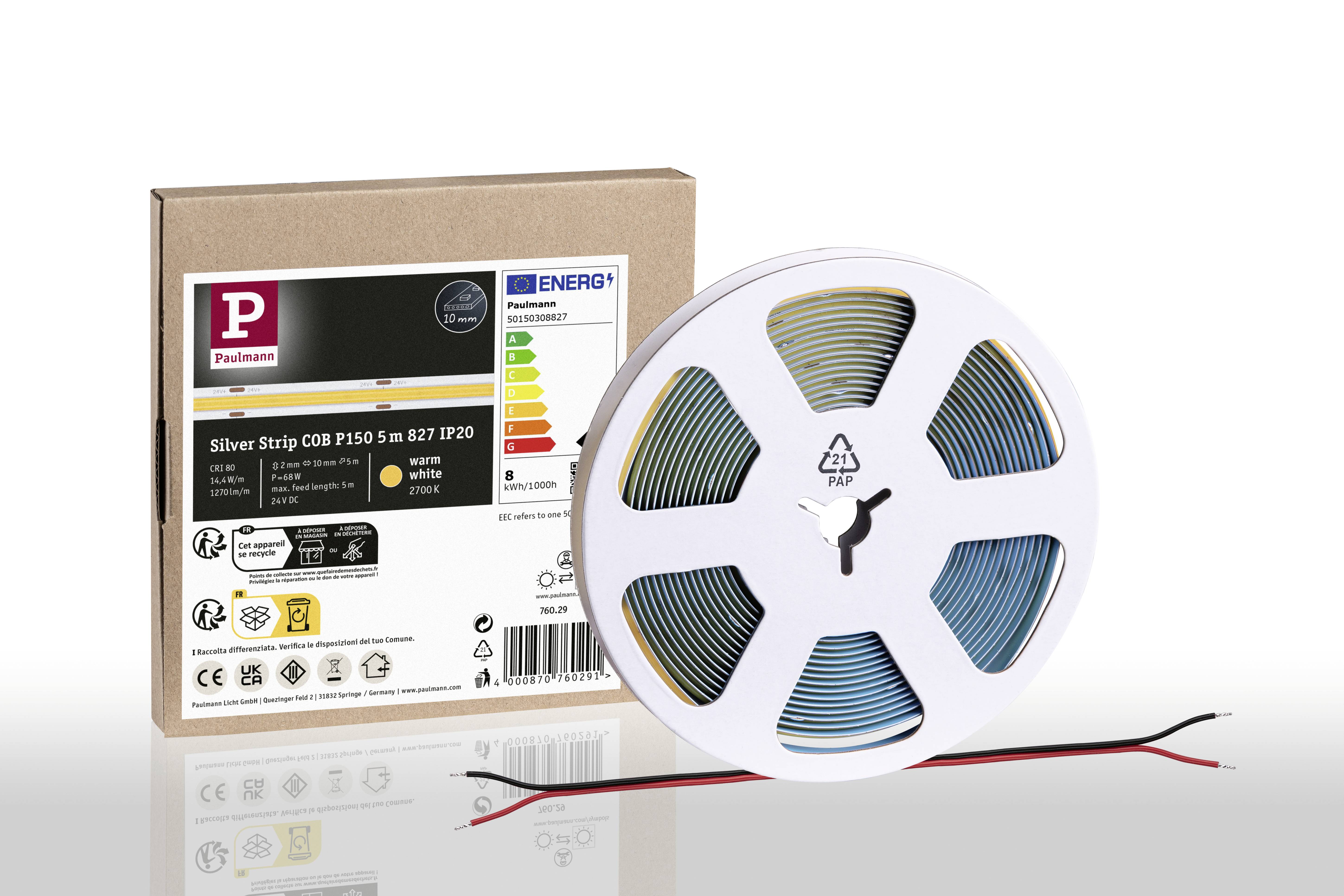 LED světelný pásek na cívce, zabalený v kartonu. Popis na kartonu: 'Silver Strip COB P150 5m 8/27 IP20', údaje o energetické účinnosti.
