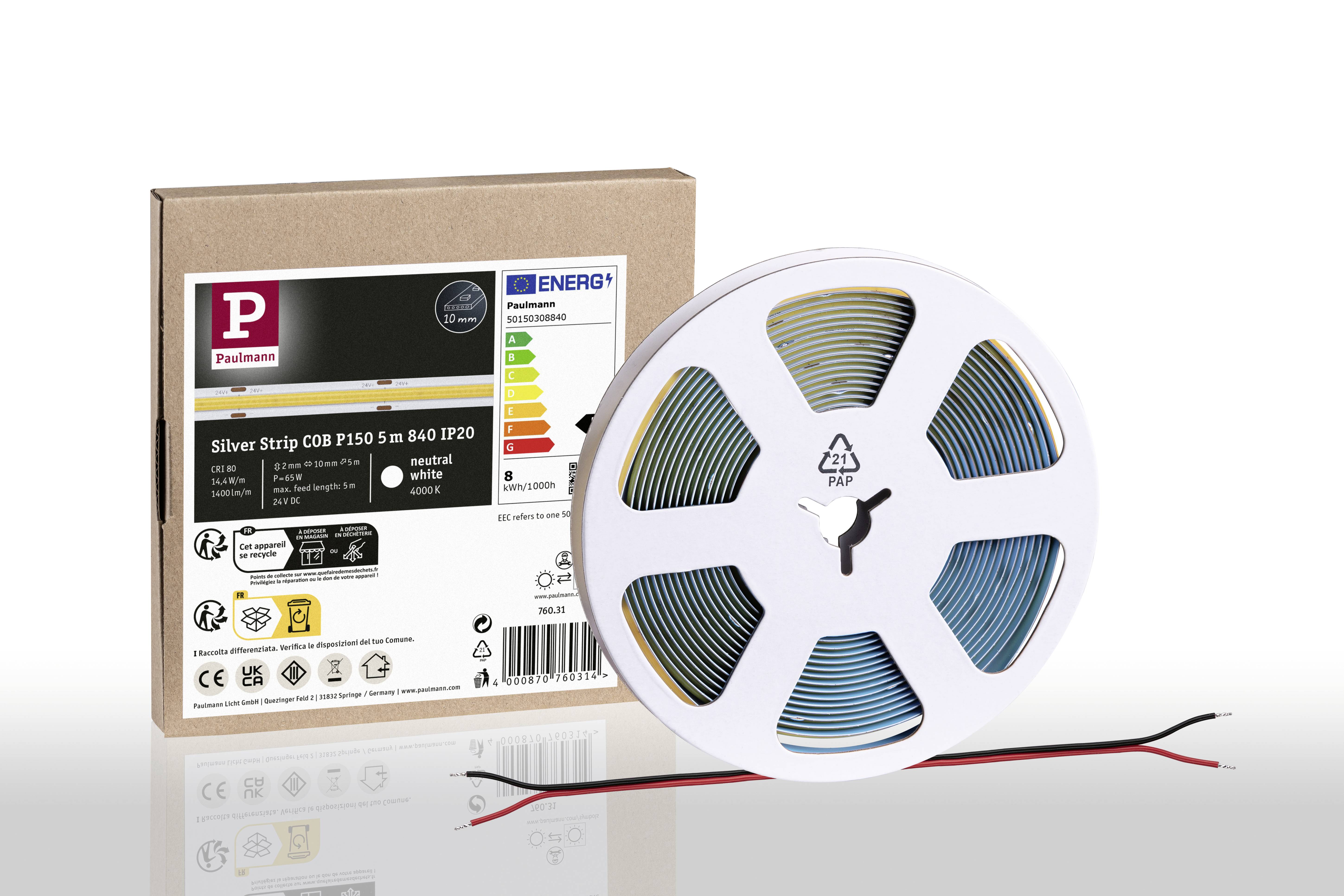 LED pásek Paulmann 'Silver Strip CBB P1S0 5 m', energetická třída A+, IP20, teplé bílé světlo, vhodný pro vnitřní prostory, na cívce.