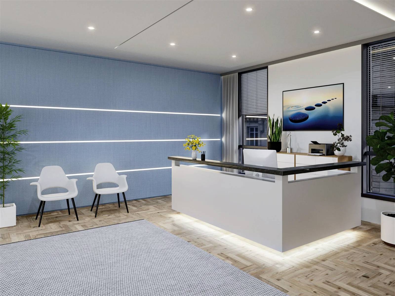 Moderní recepce s bílým pultem, dvěma bílými židlemi, rostlinami a uměleckým dílem na stěně. Světlý, minimalistický design.