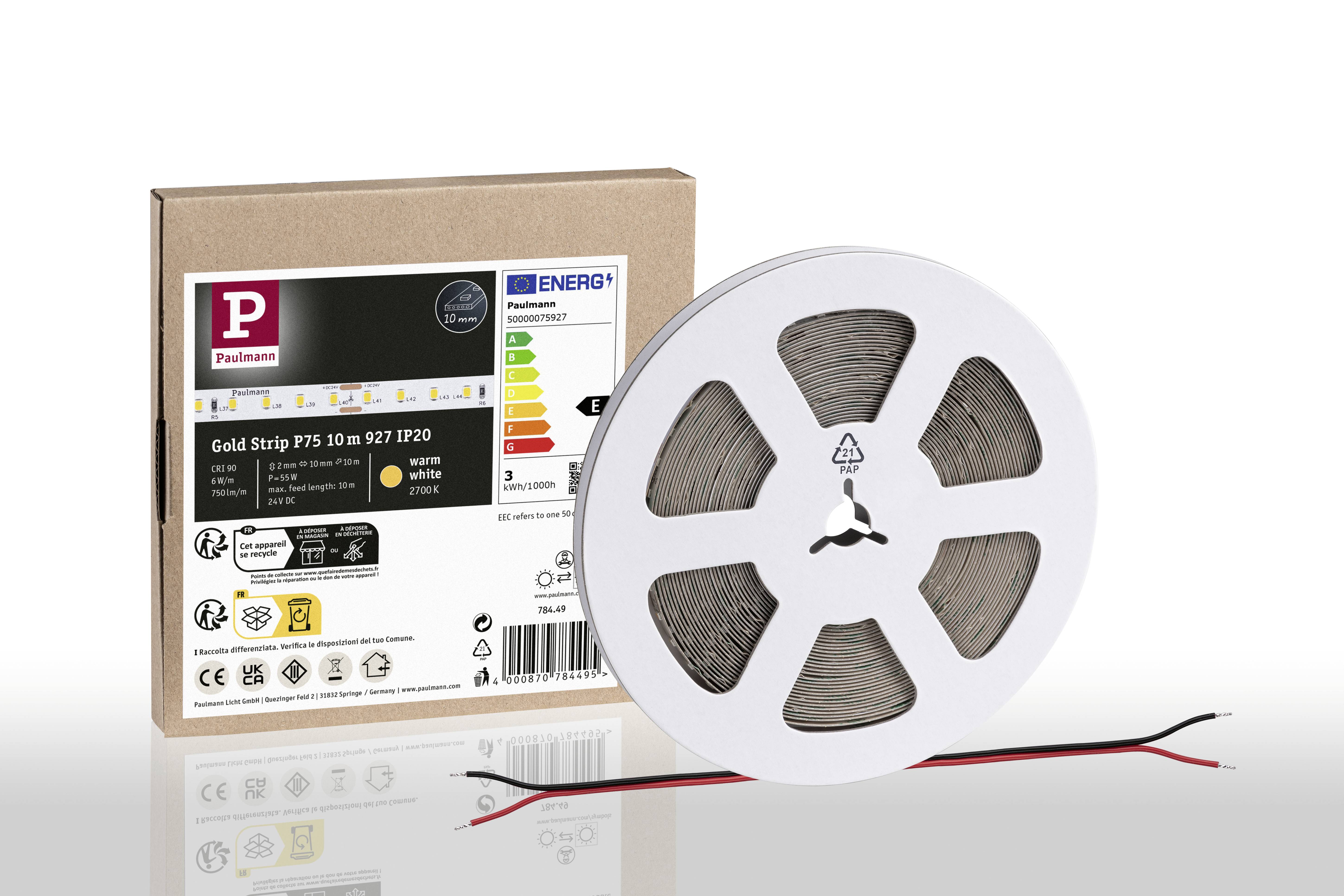 LED světelný pás na cívce s obalem v pozadí. Tabulka energetické účinnosti na obalu ukazuje kategorii 'G'.