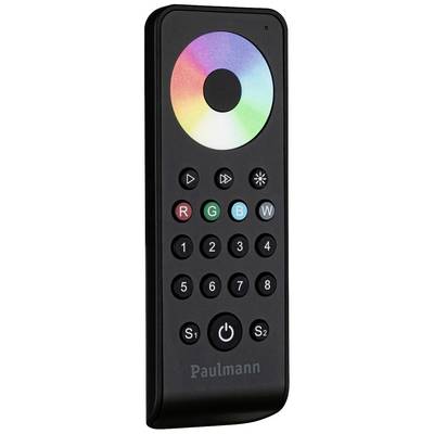 Černálkové dálkové ovládání s barevným kruhem, tlačítky pro RGB ovládání, číselnými tlačítky 0-9 a vypínačem. Značka 'Paulmann'.