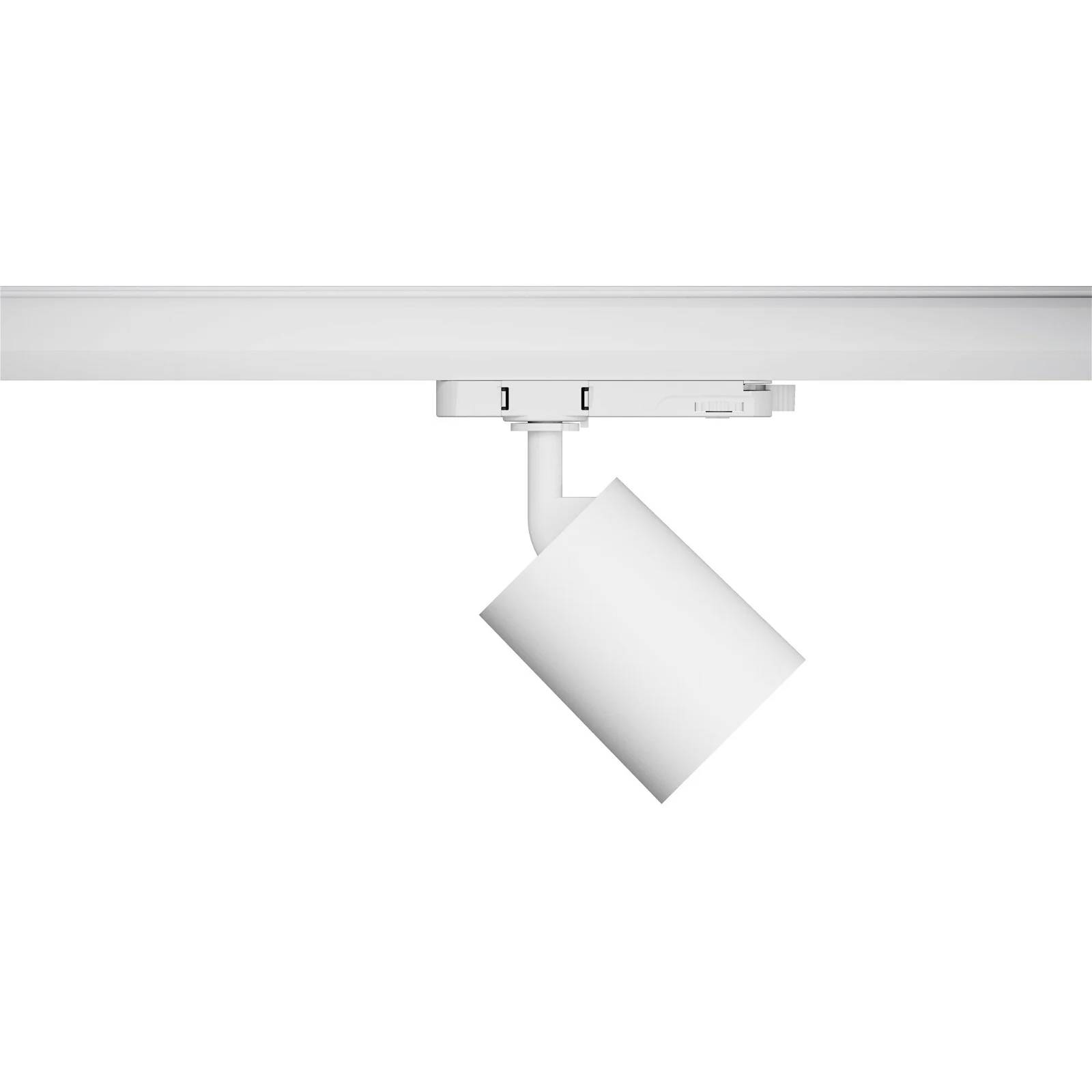 Stropní svítidlo v moderním designu; bílé, válcovité, namontované na liště. Ideální pro cílené osvětlení interiérů.