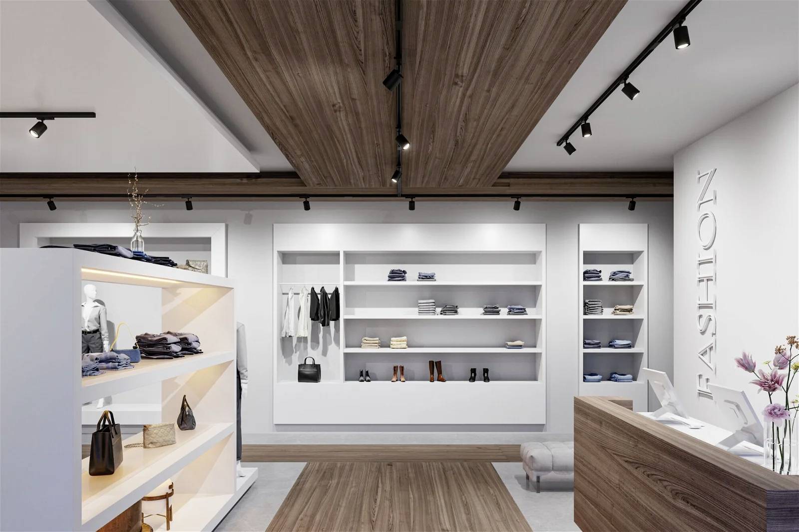 Moderní obchod s minimalistickým designem, dřevěnými podlahami a stropy. Police vystavují oblečení a doplňky. Cedule s nápisem 'Fashion'.
