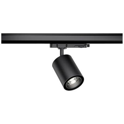 Černý stropní LED reflektor s válcovitou hlavicí namontovaný na kolejnici.