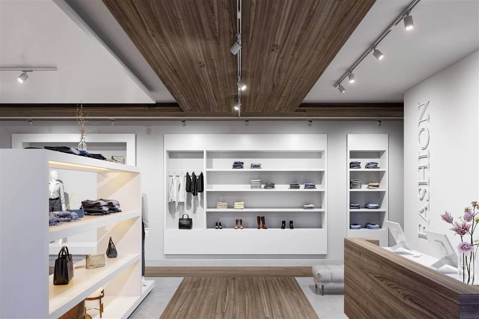 Moderní módní obchod-showroom s regály plnými oblečení a doplňků. Na pravé straně se nachází recepční pult.