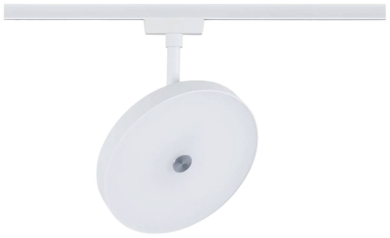 Individuální, kulaté stropní svítidlo v moderním designu, bílé, namontované na přímé kolejnici.