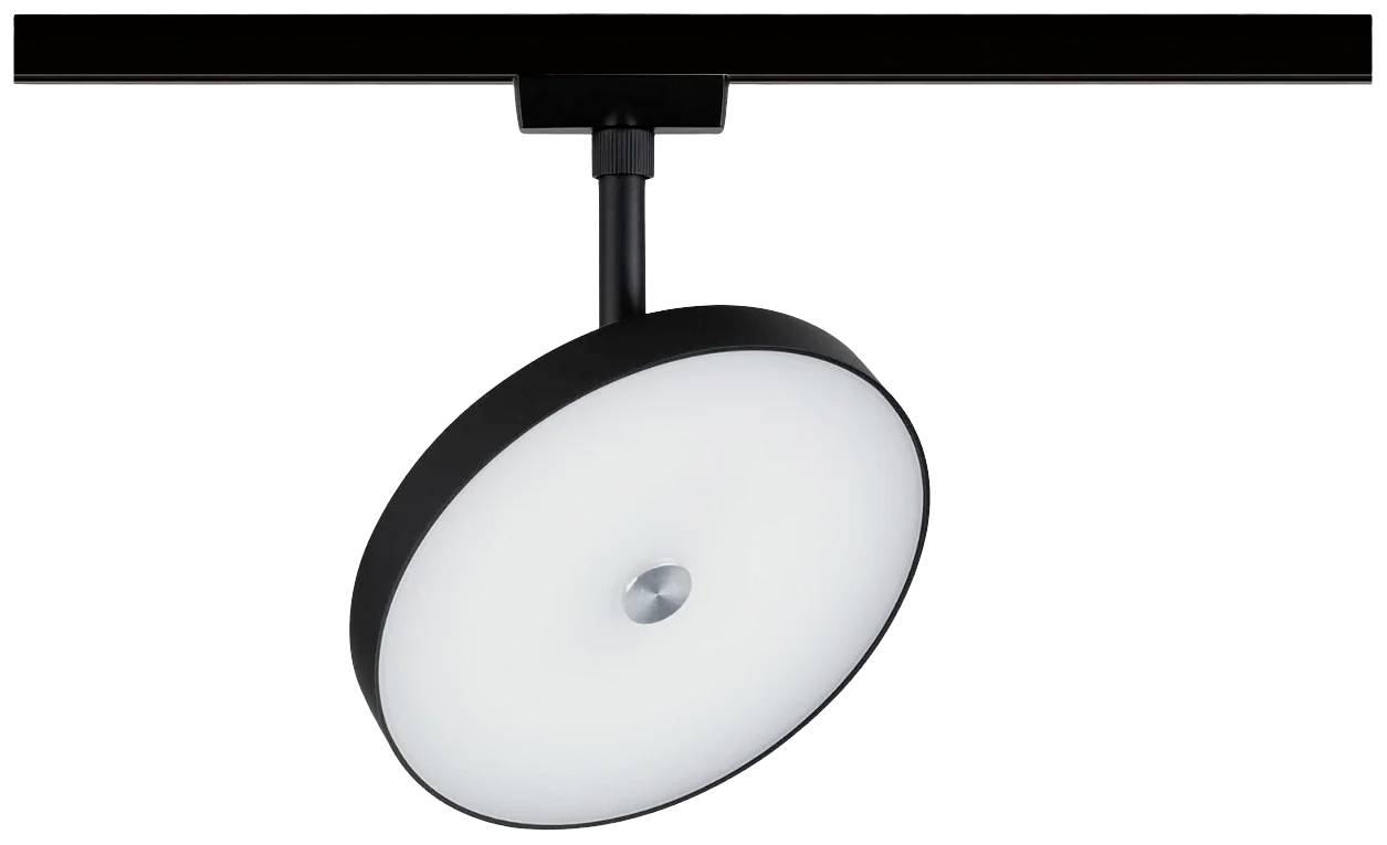 Černý stropní reflektor s kulatým bílým stínidlem, upevněný na přímé kolejnici. Minimalistický design.