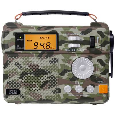 Přenosné maskované rádio s digitálním displejem ukazuje 94,8 MHz. Otočné knoflíky a ovládací tlačítka jsou viditelné.