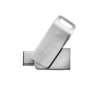 Stříbrný USB flash disk značky Intenso, částečně otočený, na bílém pozadí.