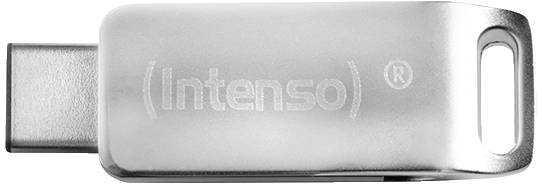 Stříbrný USB flash disk s nápisem 'Intenso' nalevo od USB-C portu.