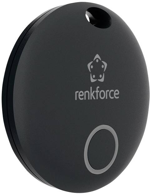 Černé, oválné Bluetooth sledovací zařízení s logem 'renkforce' a malým tlačítkem.