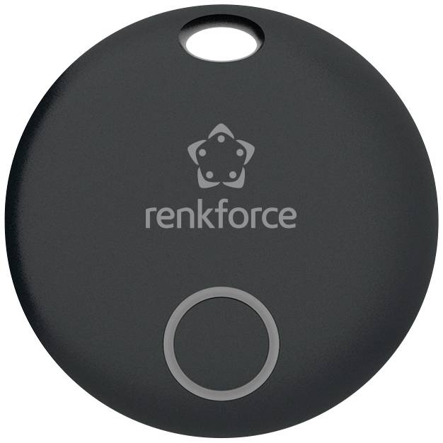 Kulatý černý Bluetooth tracker od Renkforce s jedním tlačítkem v dolní polovině a malým otvorem nahoře pro připevnění klíčenky.