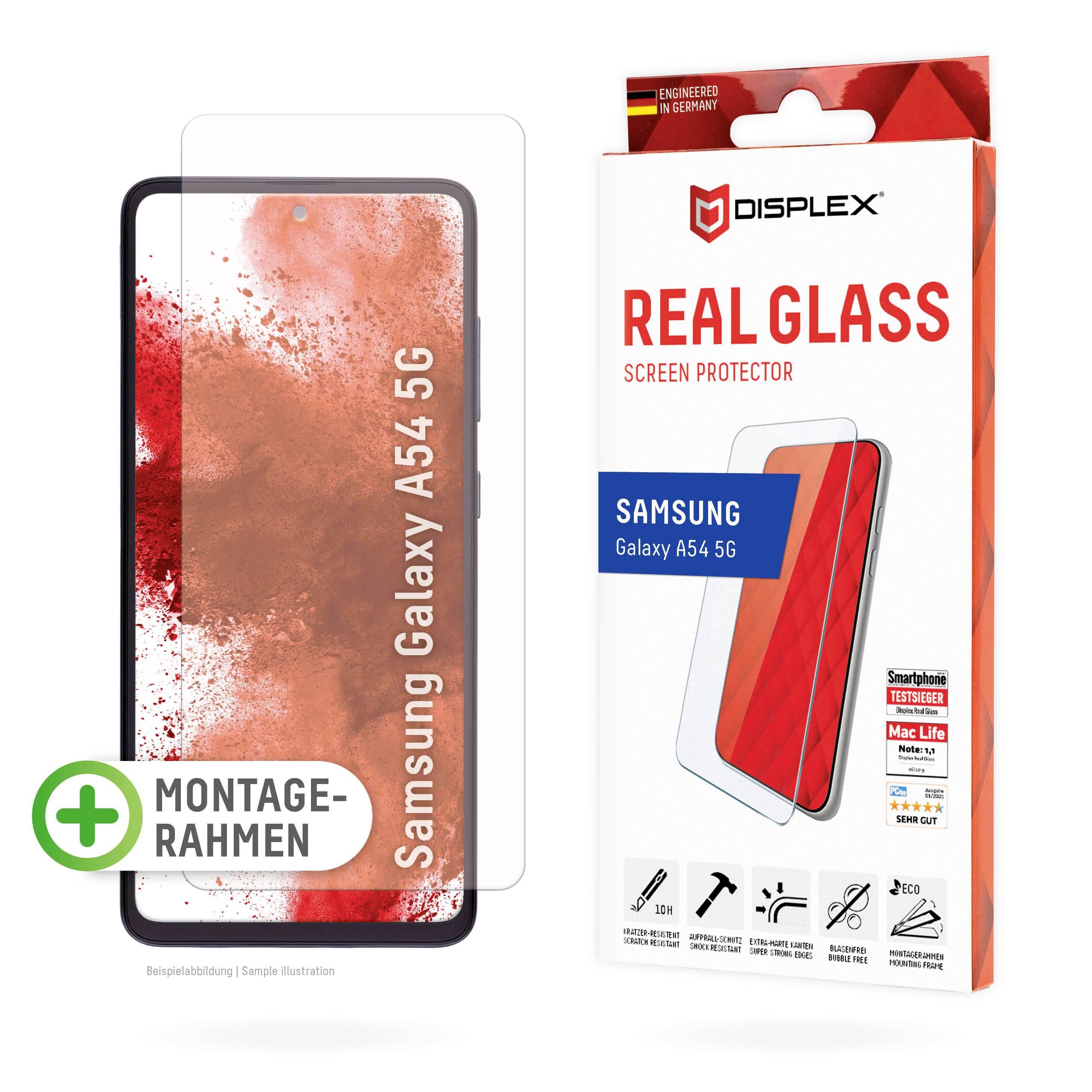 Ochranná fólie na displej pro Samsung Galaxy A54 5G, včetně montážního rámečku. Balení zobrazuje obrázek produktu a specifikace.