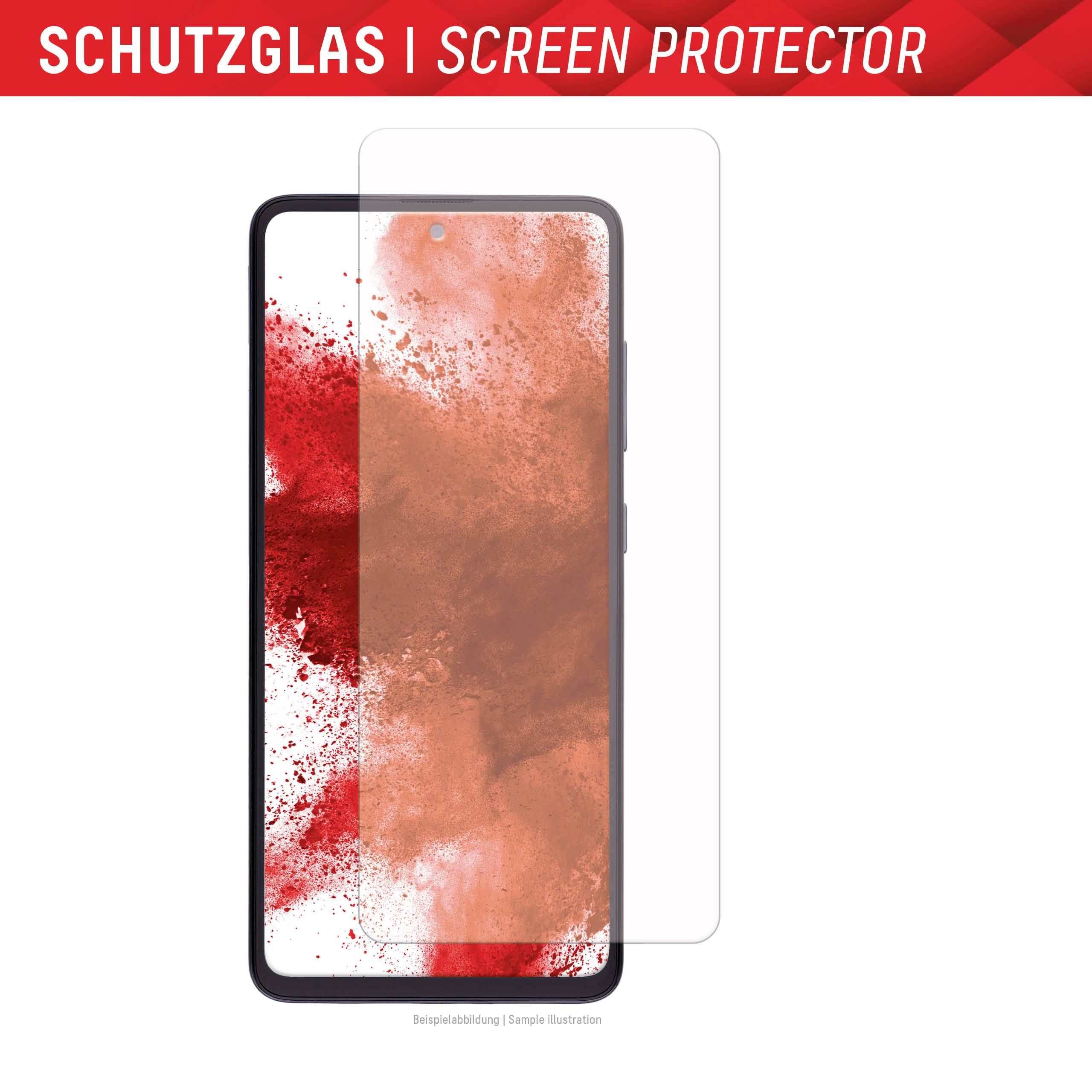 Obrázek zobrazuje ochrannou fólii na smartphone s červeným pozadím a textem 'Ochranné sklo | Screen Protector' v horní části obrázku.