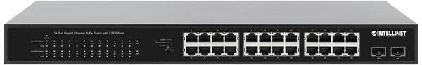 Intellinet 24-Port Gigabit Ethernet PoE+ Switch mit 2 SFP-Ports PoE-Strombudget 370 W 19" 19" síťový switch 10 / 100 / 1000 MBit/s IEEE802.3af (15,4 W), IEEE802.3at (30 W)