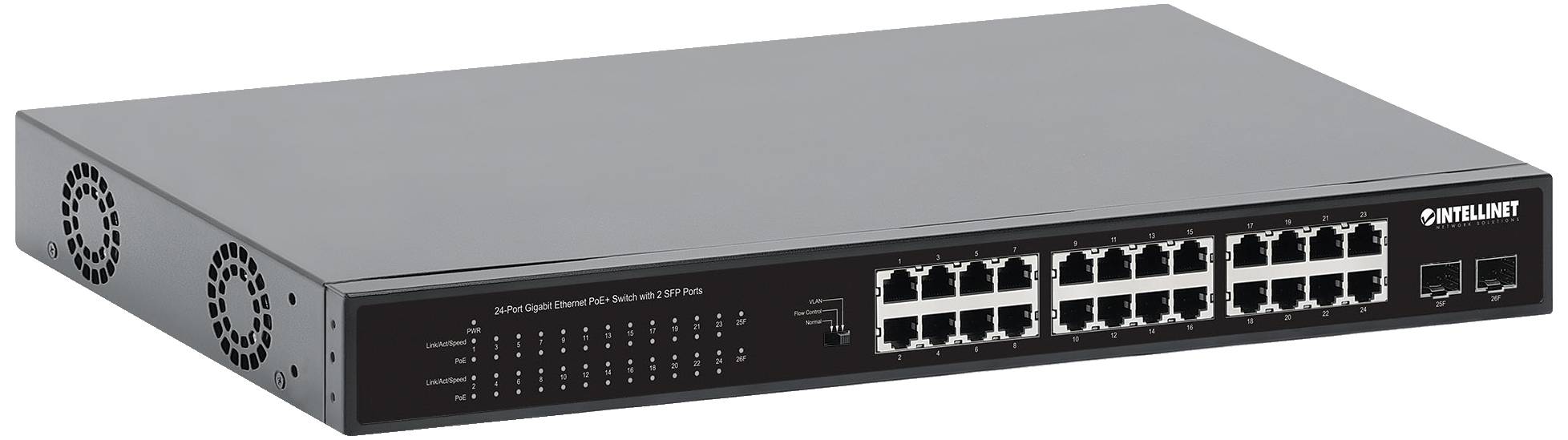 24portový gigabitový ethernetový switch se dvěma dodatečnými SFP porty a LED indikátory na předním panelu.