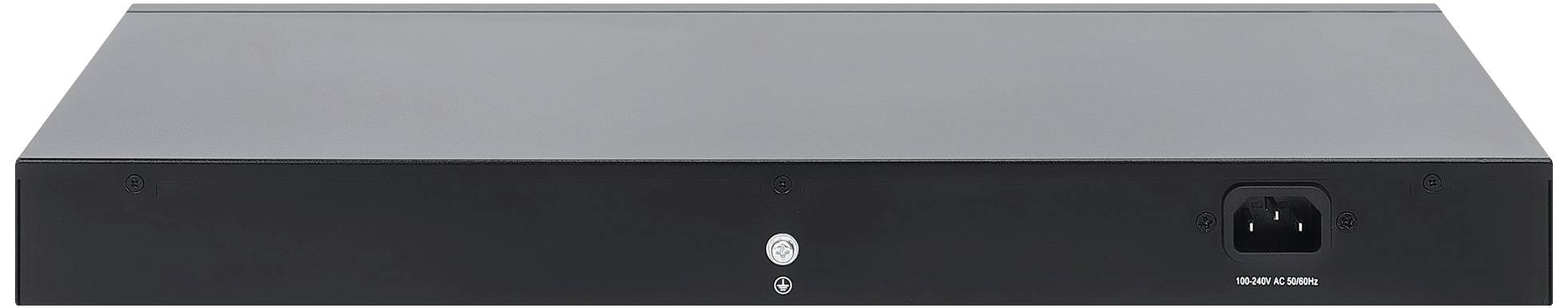 Černé elektronické zařízení obdélníkového tvaru s vypínačem a napájecím konektorem na přední straně.