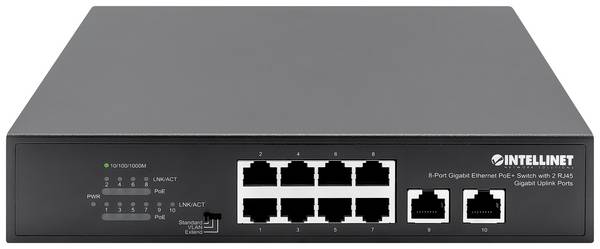 Intellinet 8-Port Gigabit Ethernet PoE+ Switch mit 2 RJ45 Gigabit Uplink-Ports 120W síťový switch 10 / 100 / 1000 MBit/s IEEE802.3af (15,4 W), IEEE802.3at (30 W)
