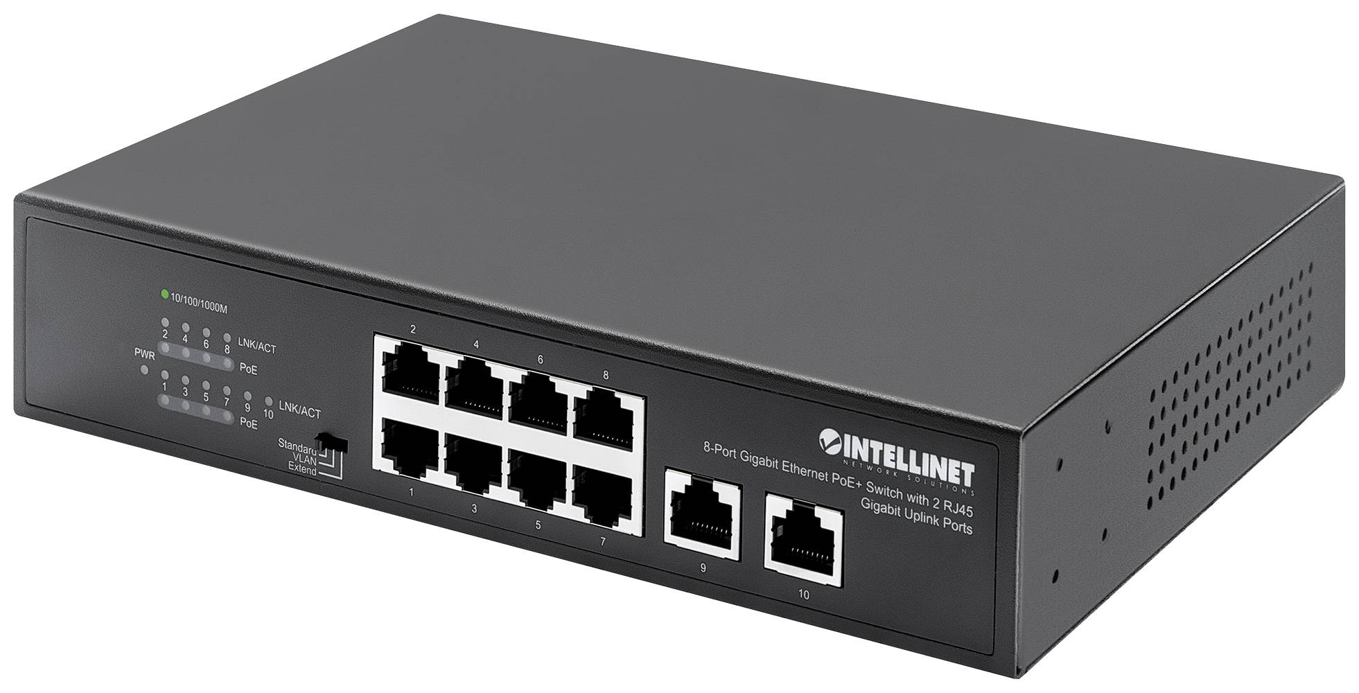 Černý 8-portový gigabitový ethernetový switch od společnosti Intellinet, pohled zepředu s osmi ethernetovými porty a dvěma speciálními uplinkovými porty.