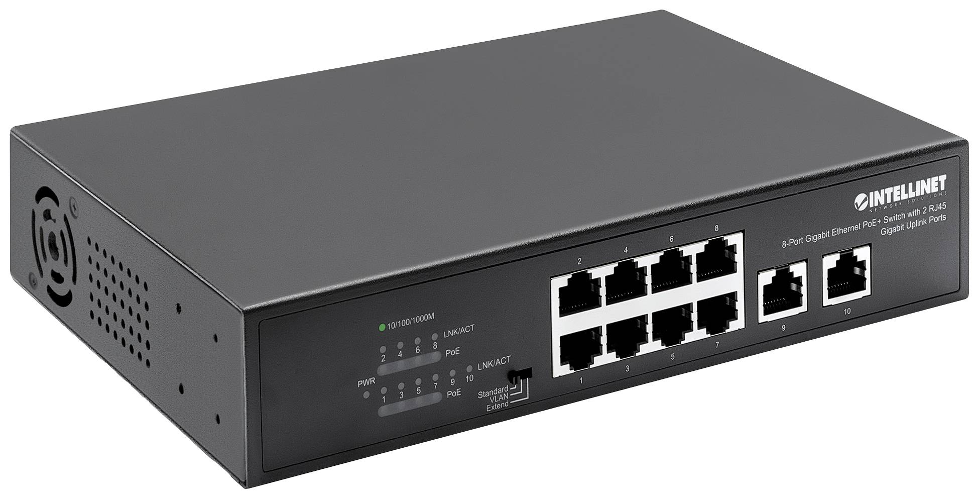 Černý síťový switch od společnosti Intellinet s osmi ethernetovými porty a dvěma dalšími síťovými připojeními.