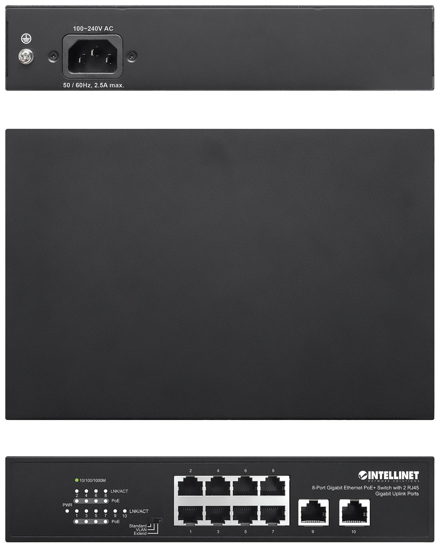 Přepínač Intellinet 8-portový Gigabit Ethernet PoE+ s přípojkami pro síťová připojení. Nahoře napájecí konektor. Vhodný pro IT sítě.