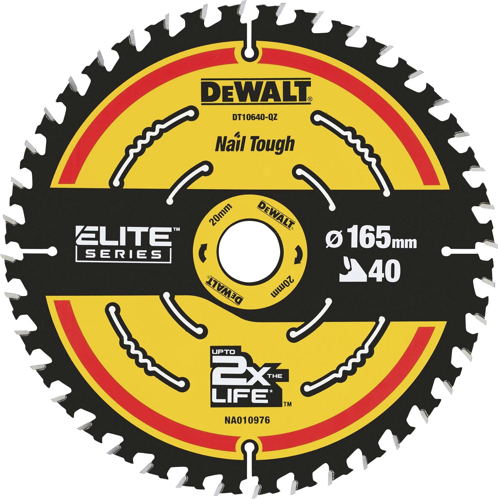 Pilový kotouč DeWalt s žluto-černým designem, průměr 165 mm, 40 zubů, vhodný pro řezání hřebíků.