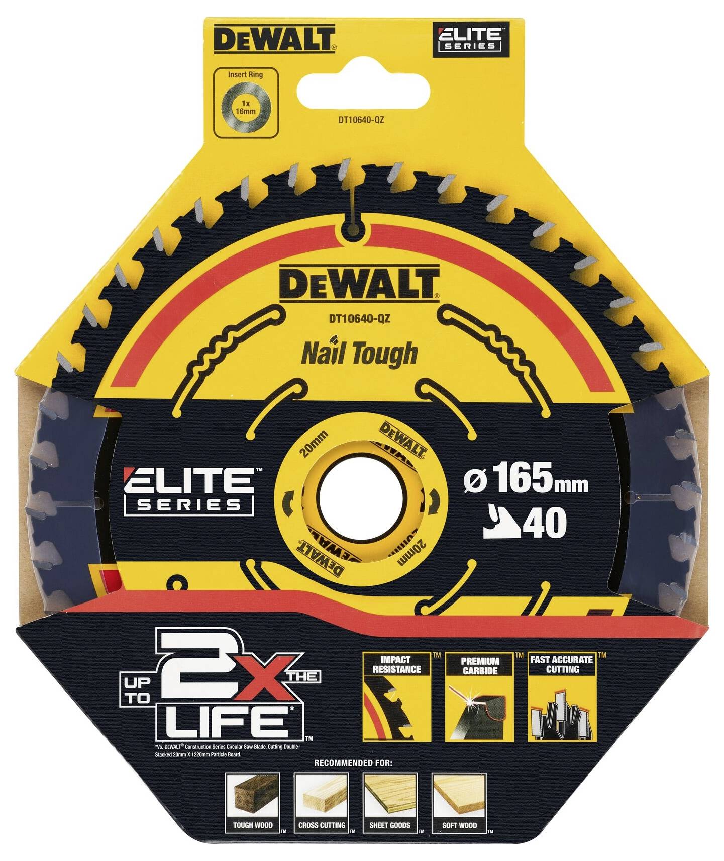 Pilový kotouč v obalu. Značka: DeWalt, Elite Series, 'Nail Tough'. Průměr: 165 mm, 40 zubů. Doporučeno pro různé materiály.