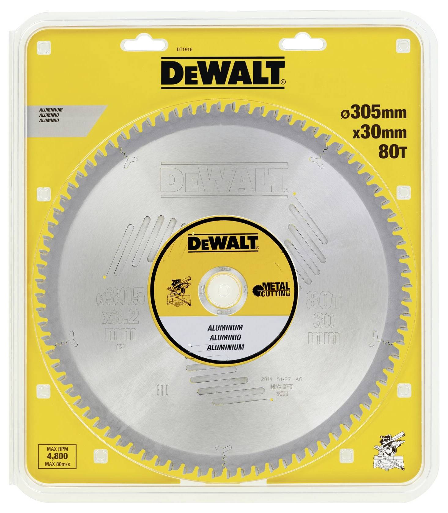 Pilový kotouč DeWalt, průměr 305 mm, 80 zubů, speciálně určený pro řezání hliníku.