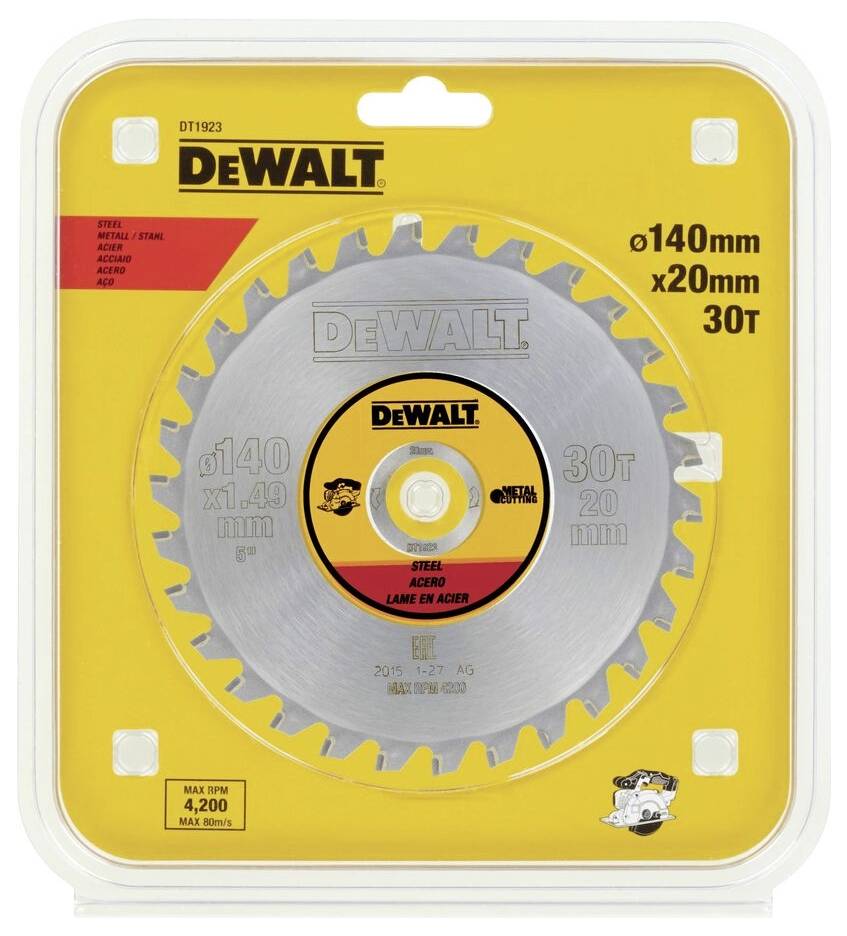 Pilový list od DEWALTu o průměru 140 mm se 30 zuby, vhodný pro materiály jako ocel a dřevo. Zabalený v žlutém obalu.
