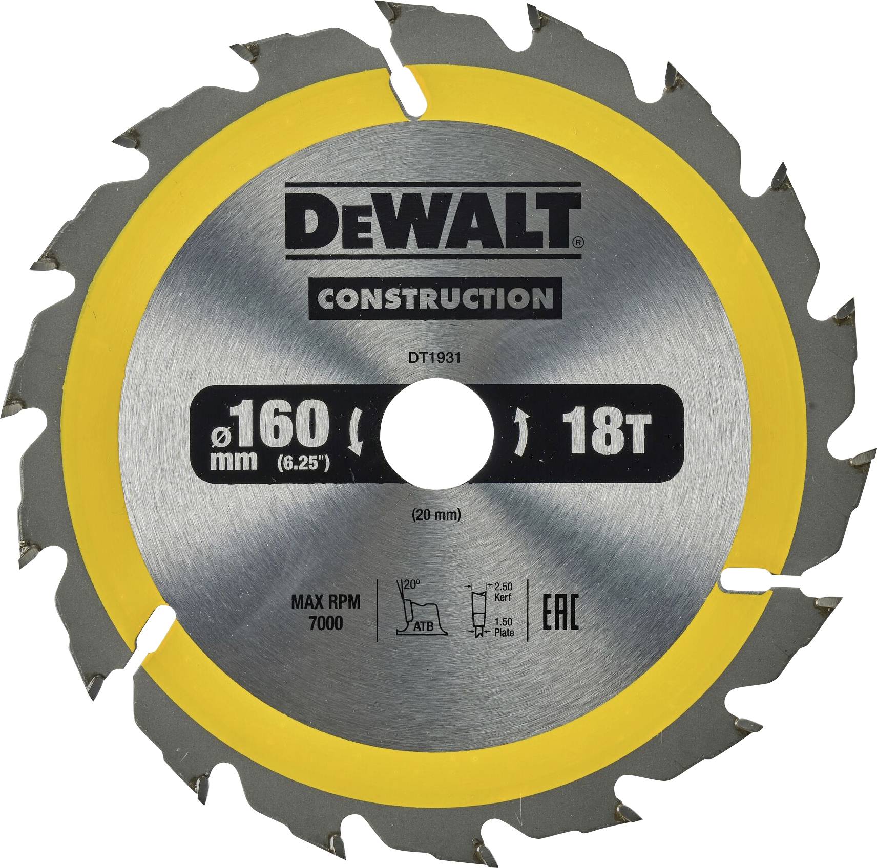 Pilový kotouč 'DeWalt Construction', průměr 160 mm, 18 zubů, maximální otáčky 7000 ot/min, šedo-žlutý.