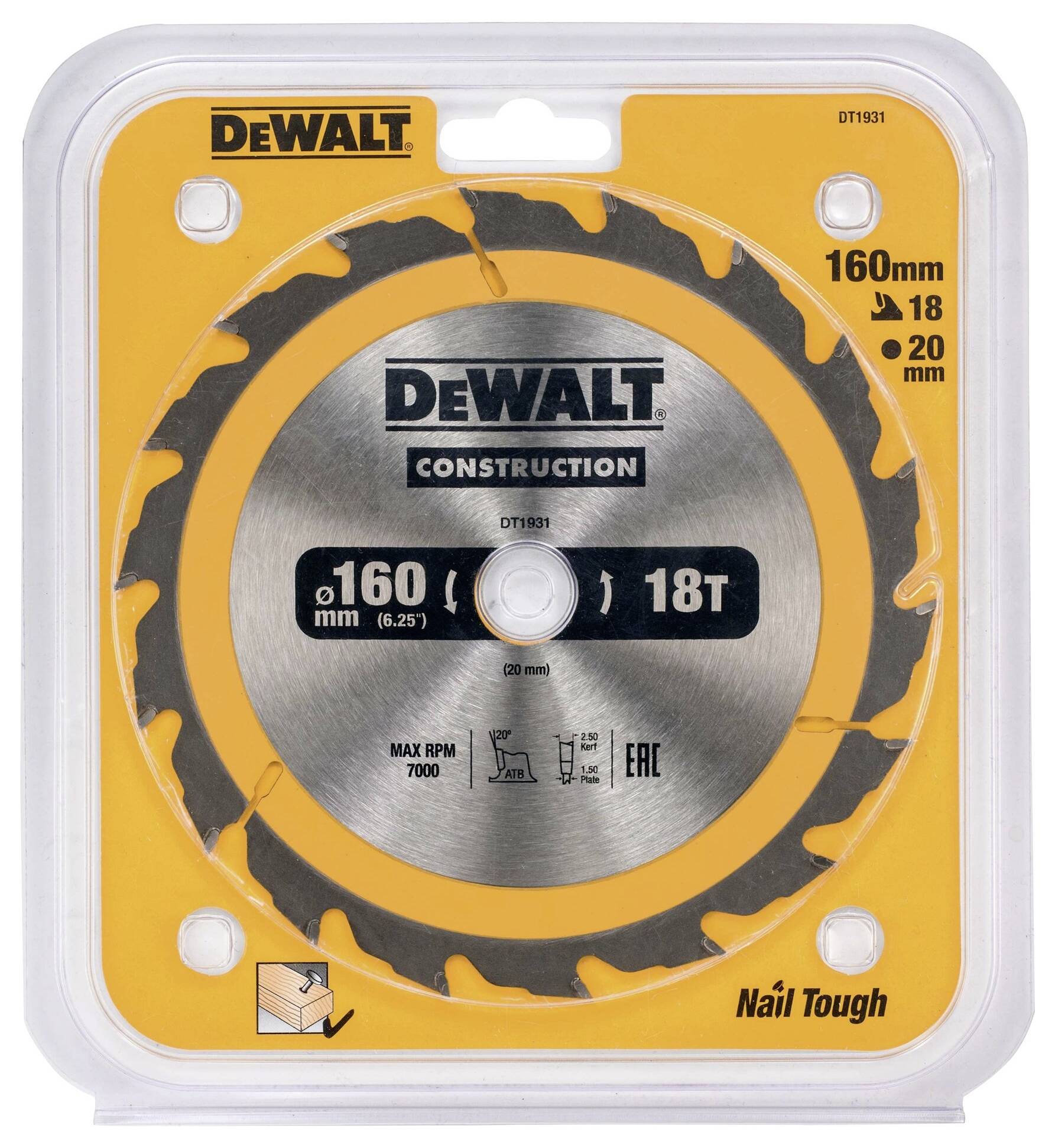 Balení pilového listu DeWalt o průměru 160 mm s 18 zuby, vhodného pro konstrukční práce, s konkrétními rozměry a logy.