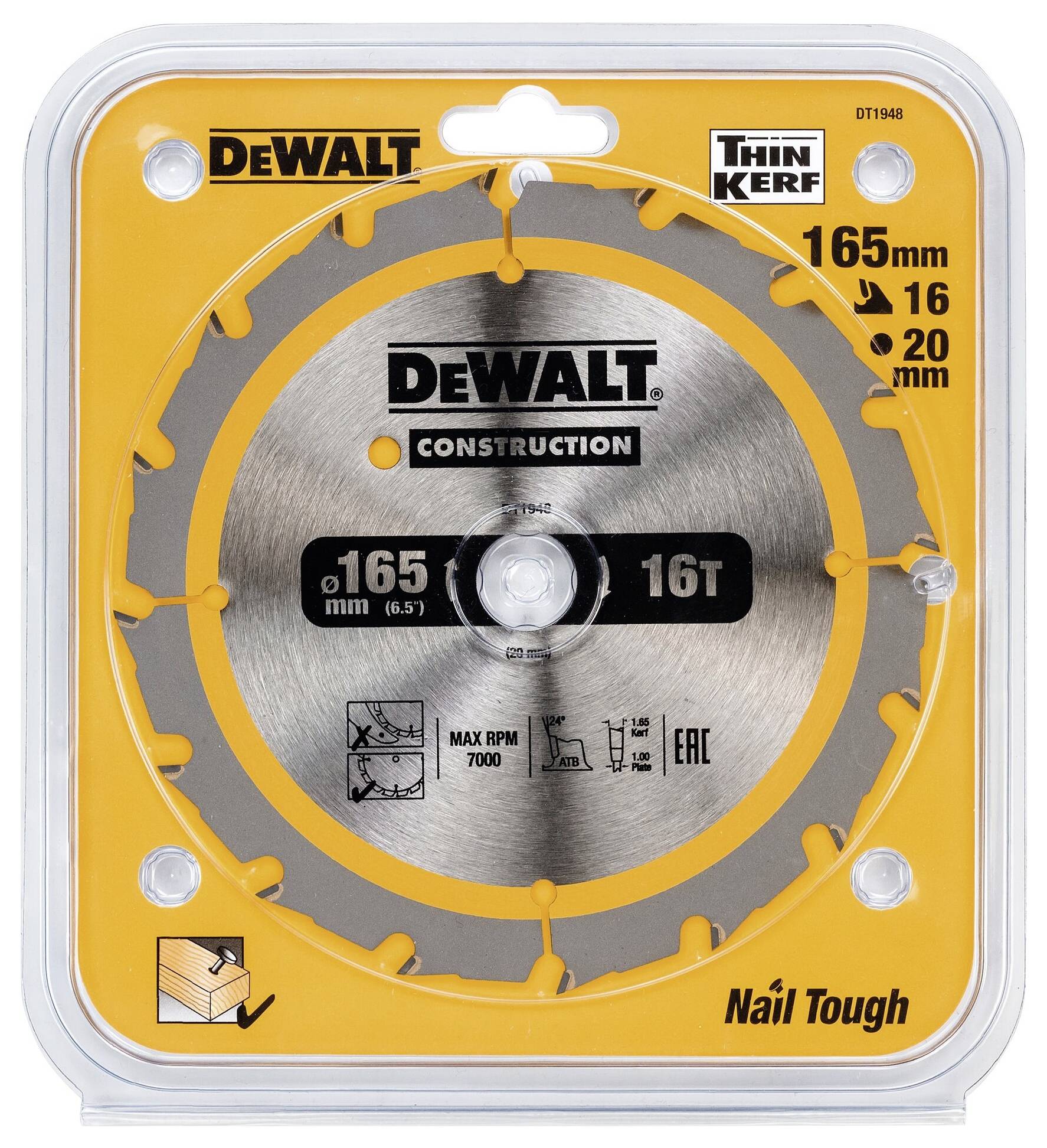 Kulatý pilový kotouč od DeWalt v žluté krabičce. Průměr: 165 mm. Maximální otáčky: 7000 ot./min. Vhodný pro hřebíky.