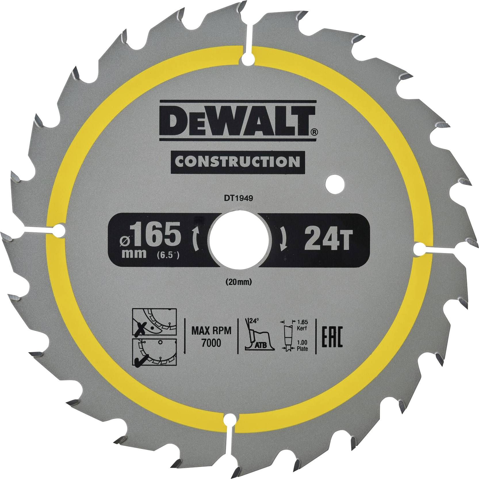 Pilový kotouč DeWalt, model DT1949, průměr 165 mm, 24 zubů, maximální otáčky 7000 ot/min, vhodný pro řezání dřeva.