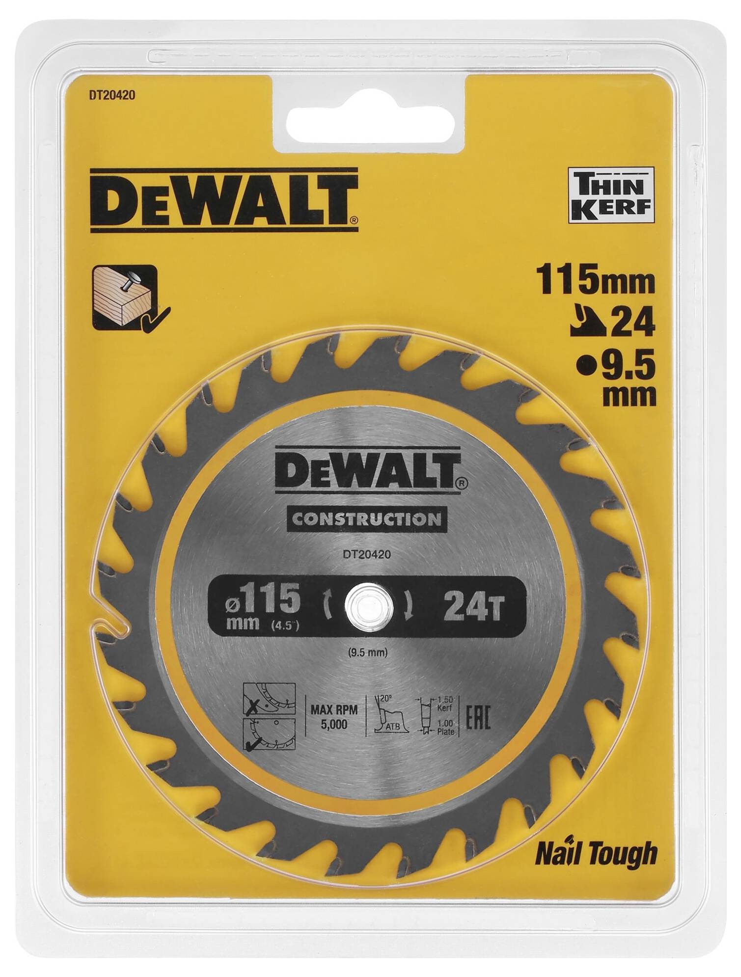 Pilový list DeWalt DT20420 v plastovém obalu, průměr 115 mm, 24 zubů, vhodný pro stavebnictví, určený pro řezání s hřebíky.