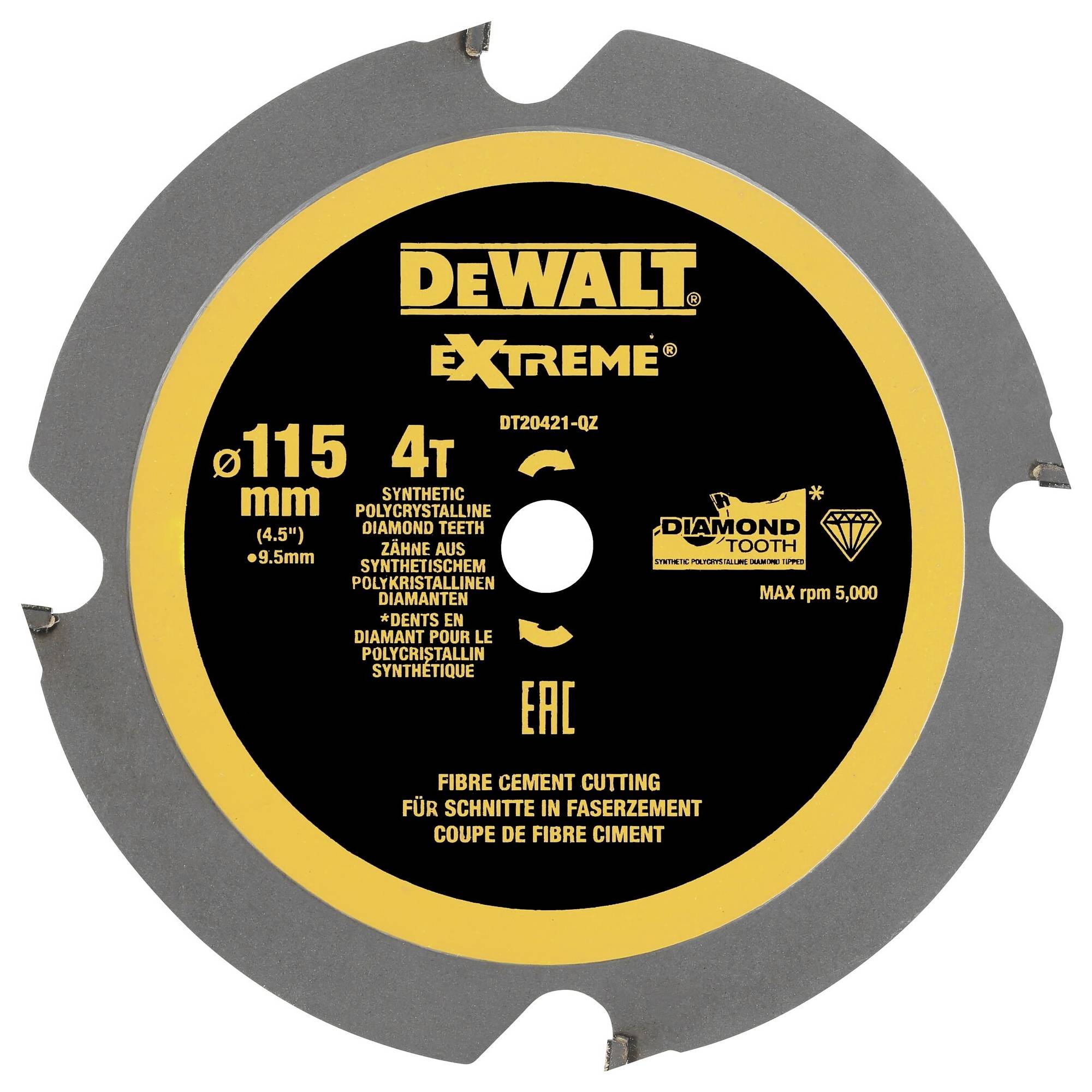 Pilový list Dewalt pro vláknocementové materiály, průměr 115 mm, 4 zuby, vhodný pro 5.000 ot./min, určený pro syntetické materiály.