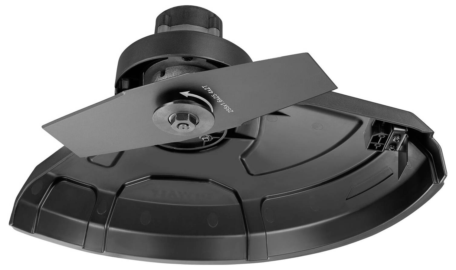 Černá plastová součástka s centrální kovovým držákem a připevněným plochým nožovým nástrojem.