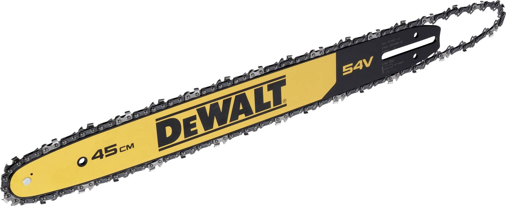 Lišta řetězové pily s nápisem 'Dewalt', 54V, délka 45 cm.