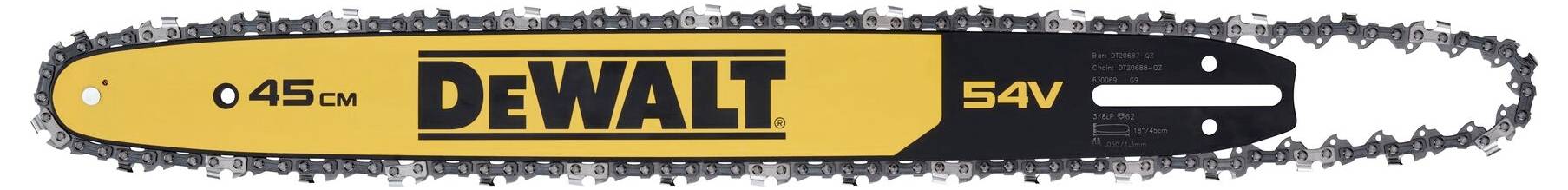 Motorová pila DeWalt s nápisem '54V' a '45 cm'. Je žlutá s černým pozadím.