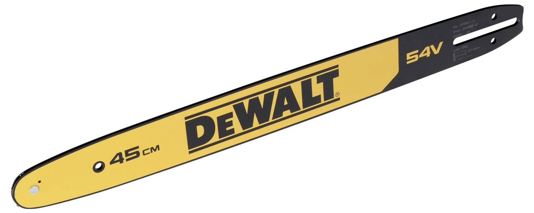 Žluté pilové ostří s černým nápisem 'DEWALT', délky 45 cm a označením 54V.