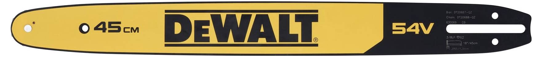 Řetěz motorové pily značky DEWALT v černo-žluté barvě. Délka: 45 cm, 54 voltů.