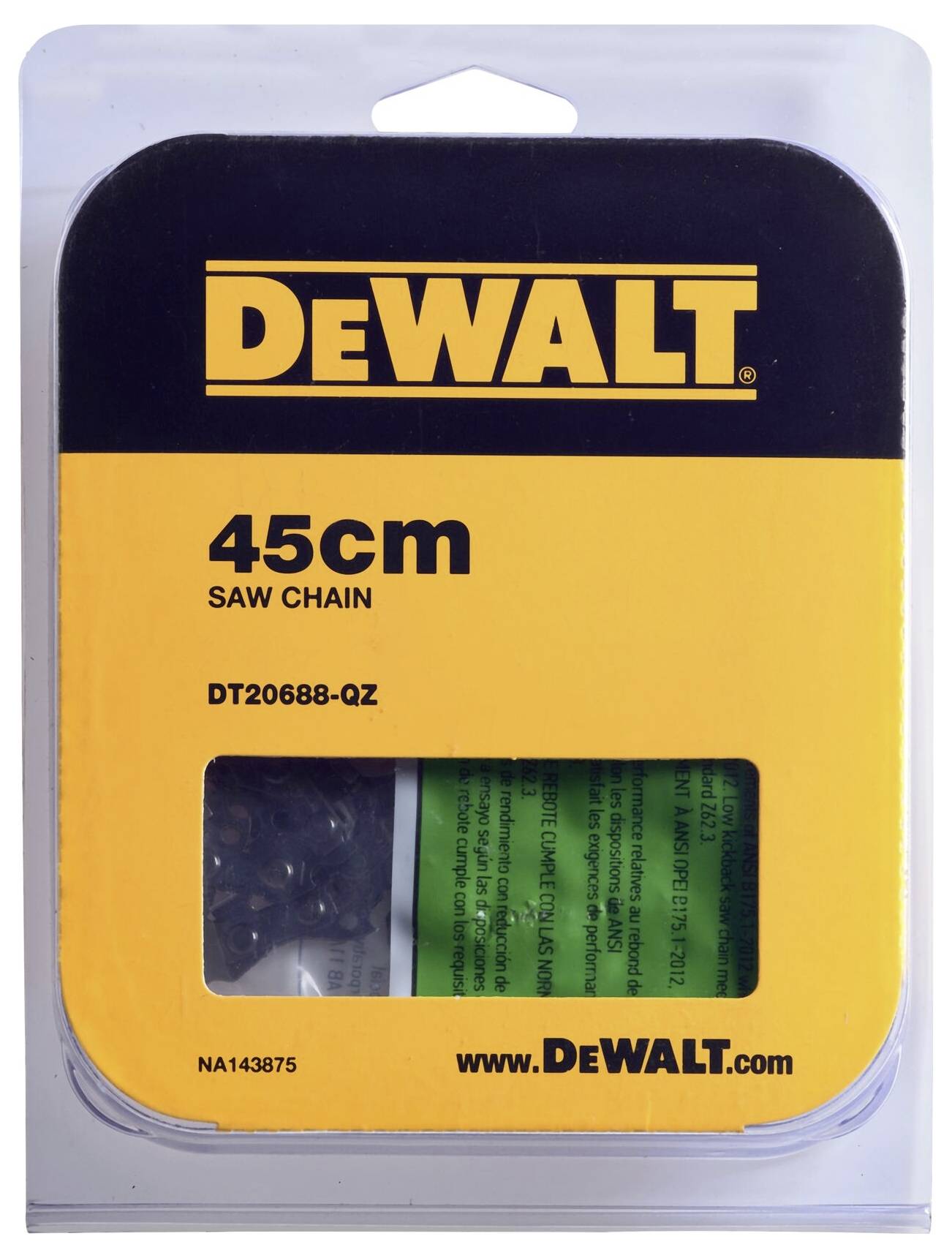 Balení pilového řetězu DeWalt, délka 45 cm, modelové číslo DT20688-QZ.