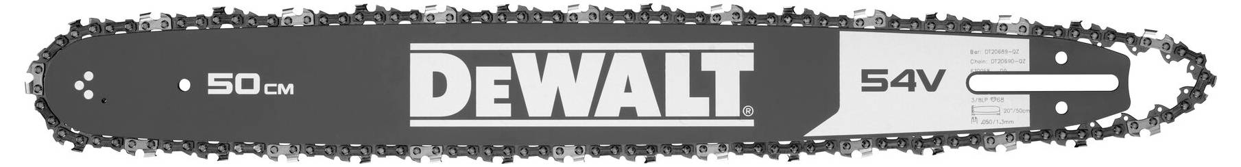 Vodící lišta motorové pily značky DEWALT, délka 50 cm a napětí 54V.