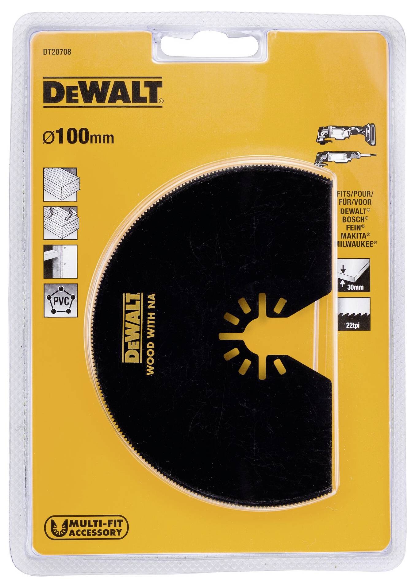 Pilový list DEWALT 100mm Multi-Fit pro různé nástroje; kompatibilní s nástroji 'DeWalt', 'Makita' a 'Milwaukee'.