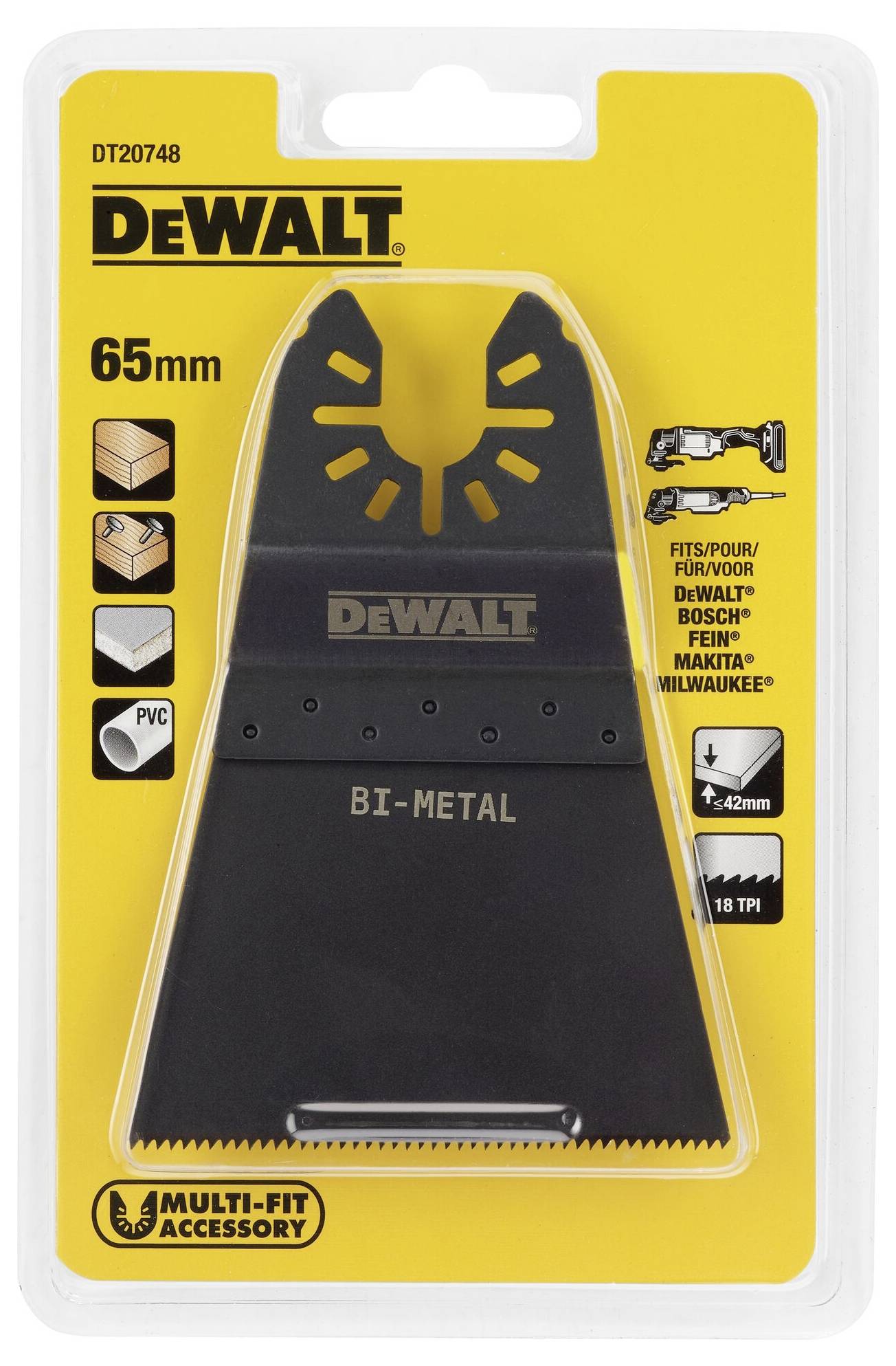 Pilový list DeWalt v originálním balení, vhodný pro různé materiály jako dřevo a PVC, kompatibilní s několika značkami.
