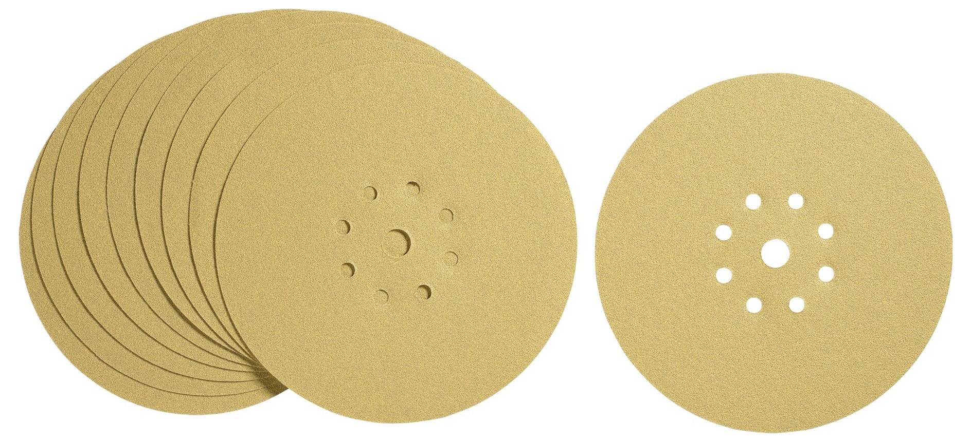 Několik kulatých brusných kotoučů z béžového brusného papíru s otvory uprostřed leží vedle sebe a přes sebe.