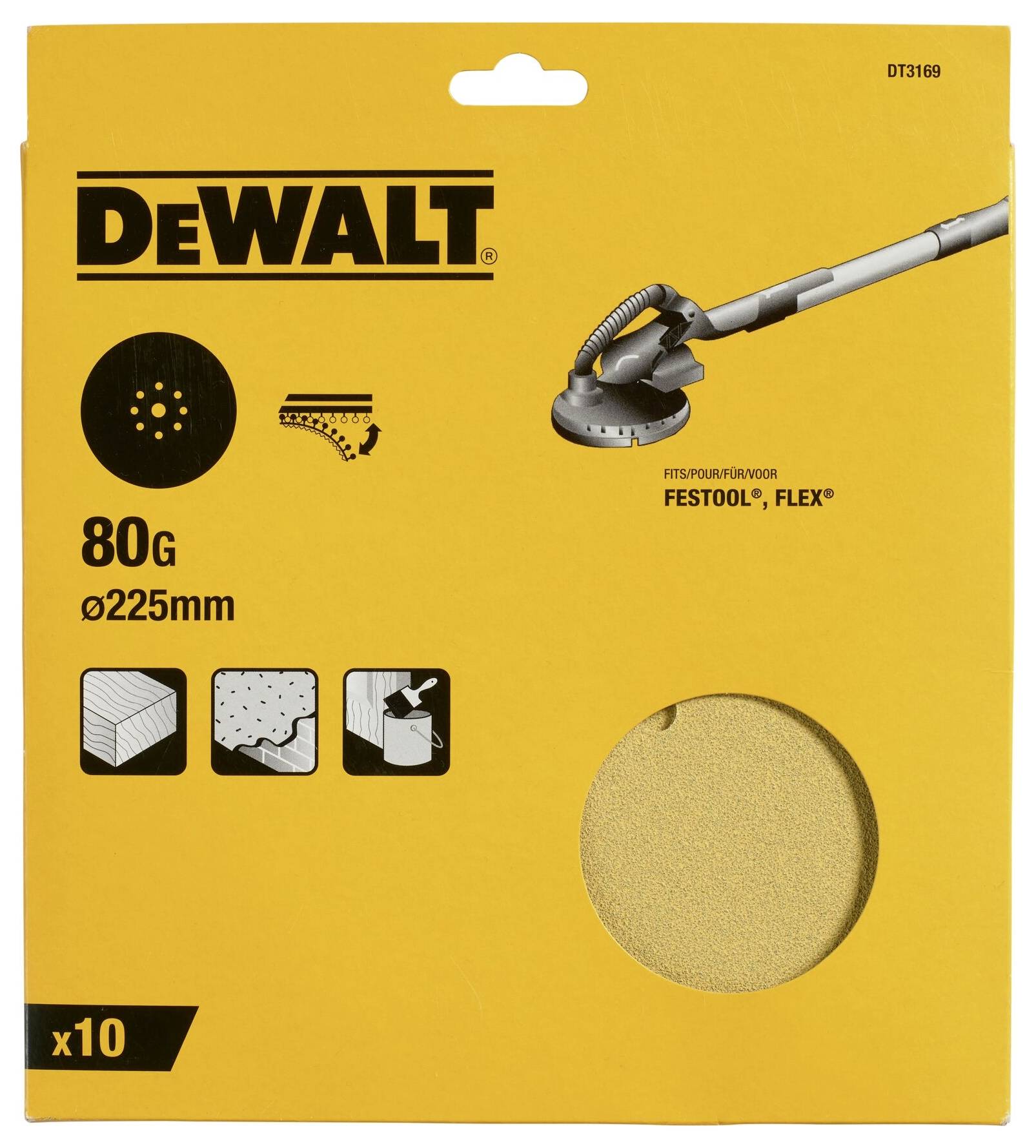 Žlutý obal DeWalt pro brusný papír se zrnitostí 80, vhodný pro Festool a Flex, obsahuje 10 kusů o průměru 225 mm.