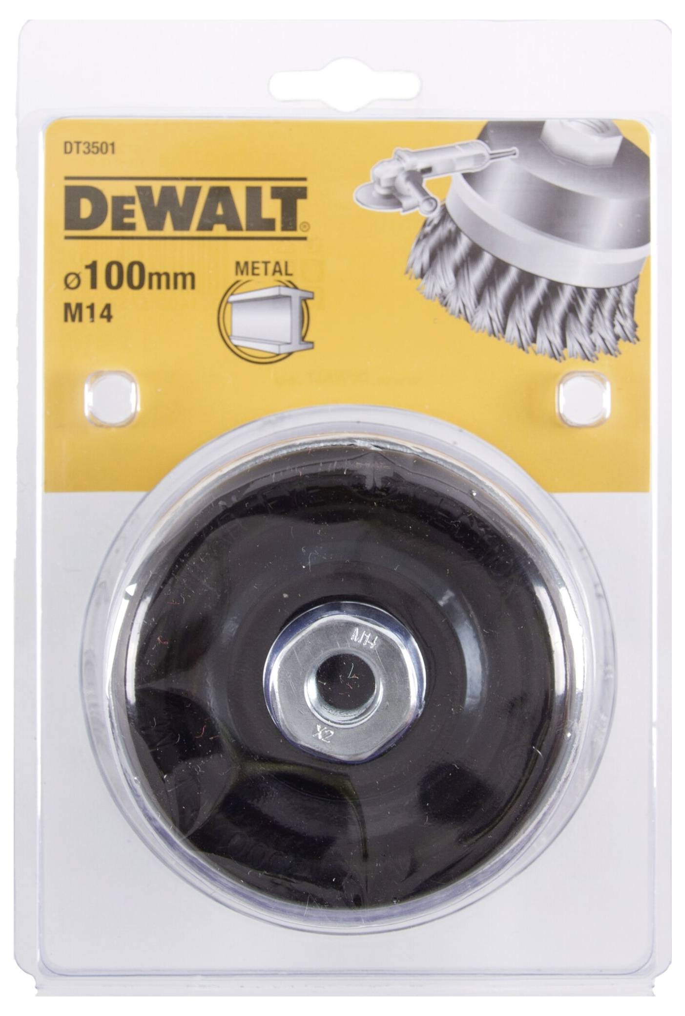 Kovový kartáč DeWALT 100 mm v blistrovém balení. Používá se především k čištění nebo odjehlování kovových povrchů.