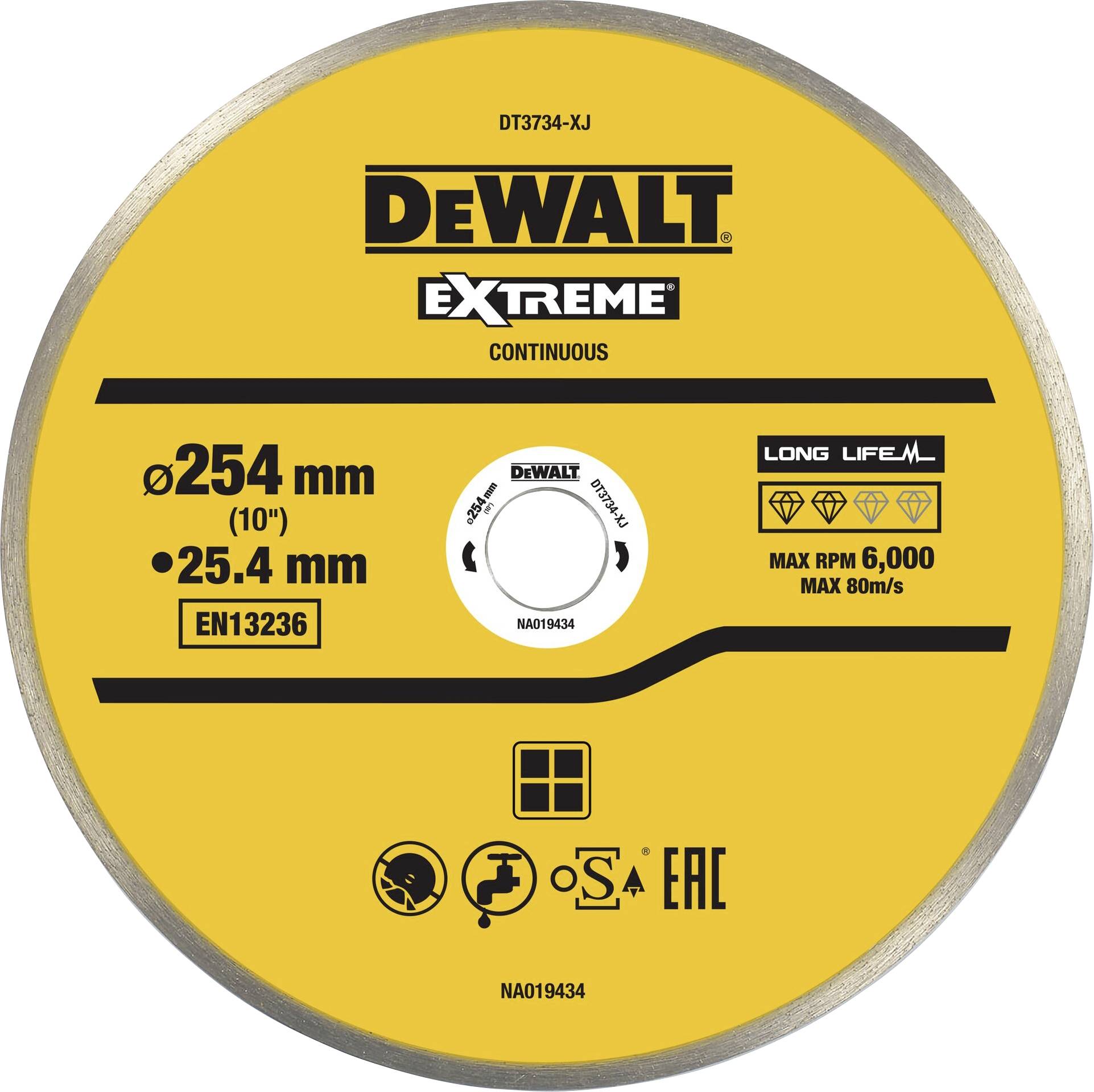 Žlutý pilový kotouč DEWALT o průměru 254 mm, s vrtáním 25,4 mm, vhodný pro otáčky až 6.000 ot/min, včetně bezpečnostních a normativních upozornění.